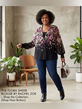 RACHEL ZOE Black Floral V-Neck Long-Sleeve Blouse